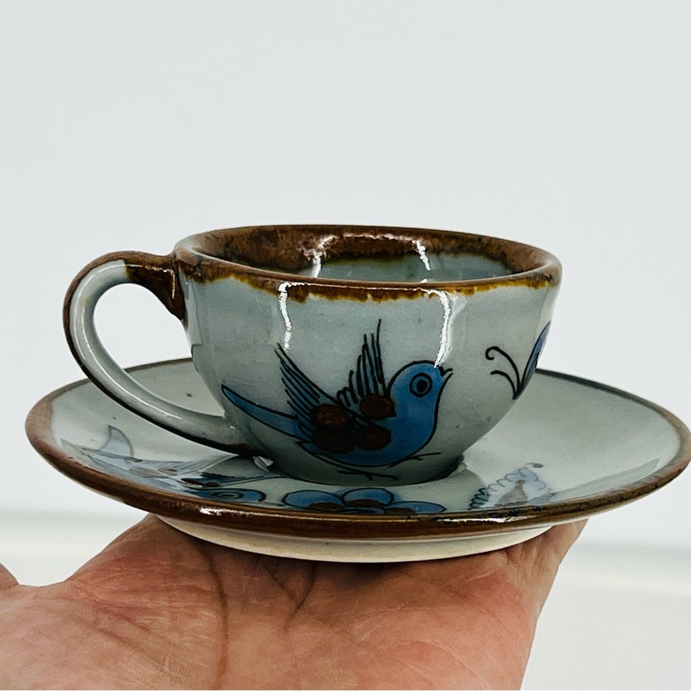Vintage Ken Edwards Tonala Pottery Cup & Saucer Set El Palomar Blue Bird Signed - Picture 8 of 14